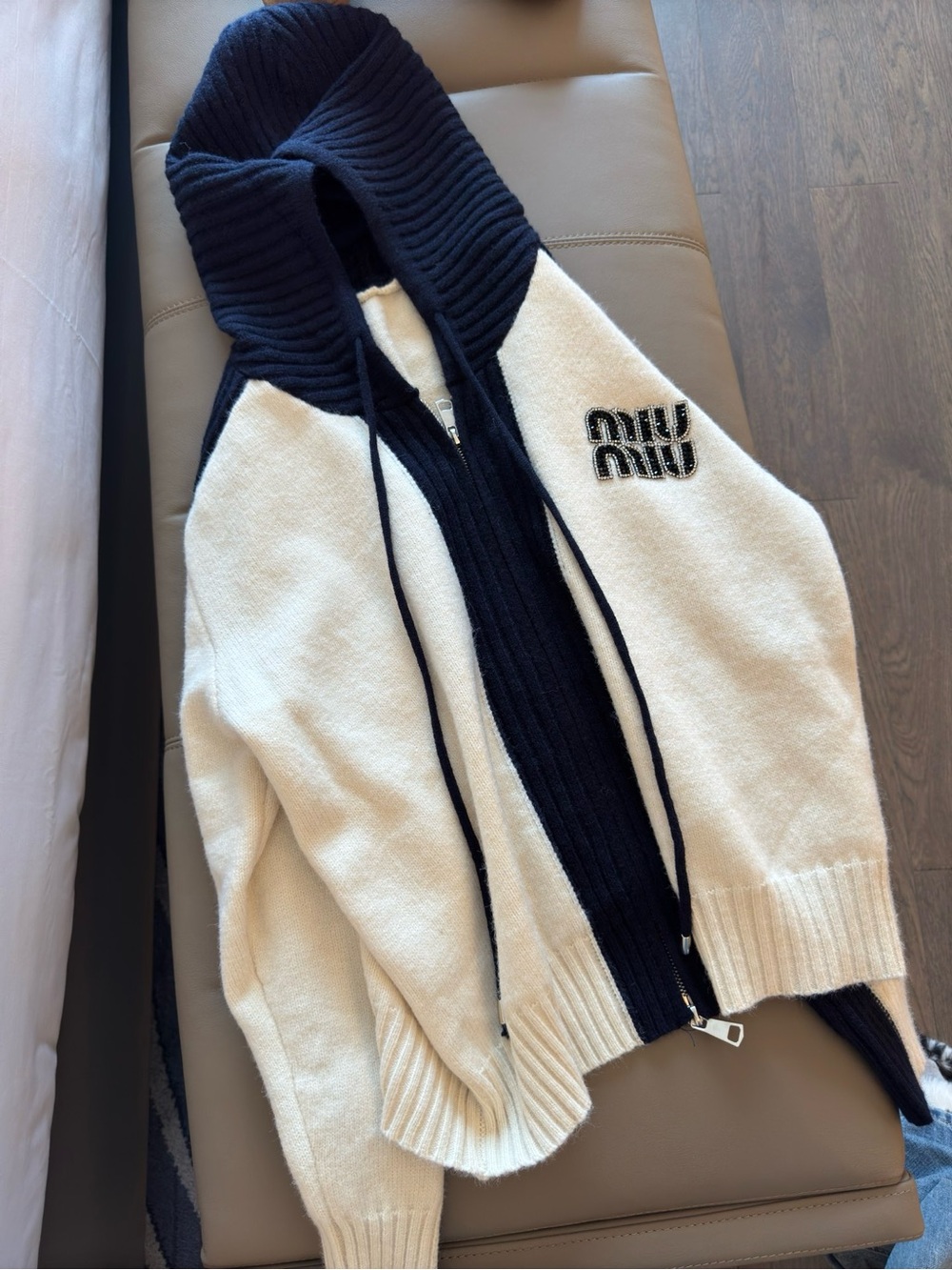 Miu Miu Cream and Navy Hooded Zip Cardigan